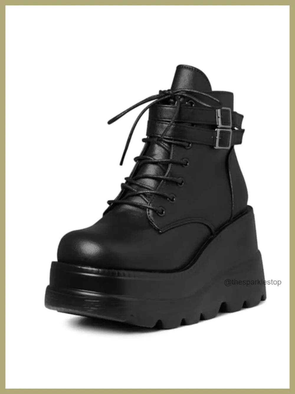 Goth Chunky Platform Boots Women Wedge Heel Lace-Up Vegan PU Leather Round Toe